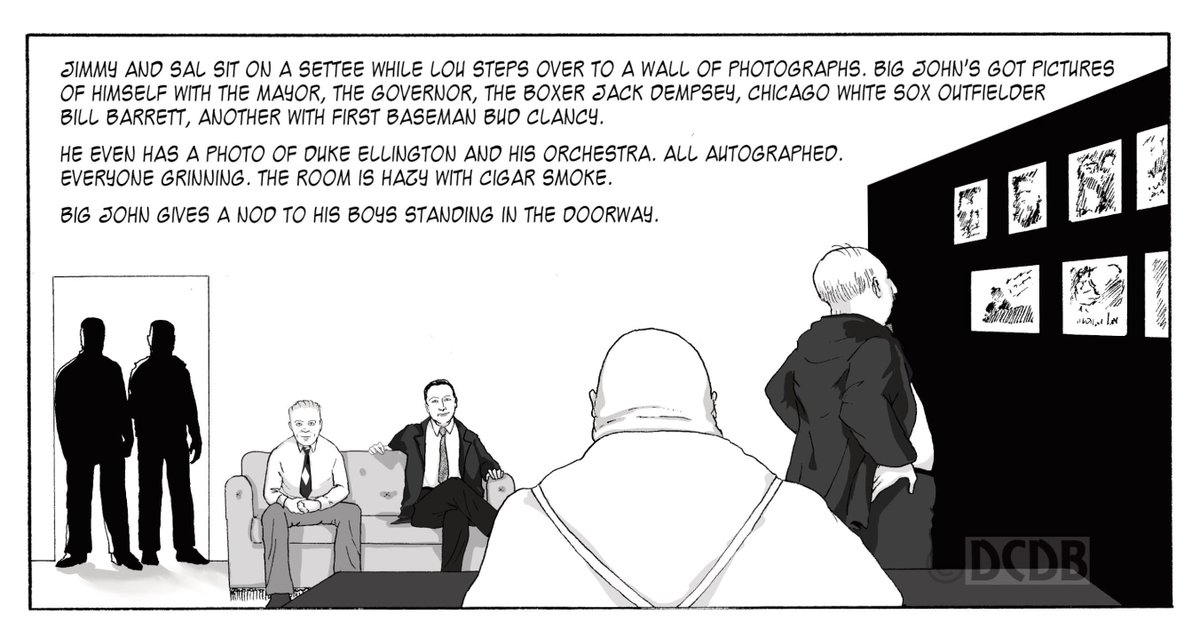 DeadCopsBureau's tweet photo. Page 4, Frame 1, of "The Brothers Grim," Episode 1 of the Dead Cops Detective Bureau graphic novel series, to be published in 2020. Art by Angela McElwain; story by Corinna Petry. #DCDB #BrothersGrim #BigJohn #WhiteSoxHistory #JackDempsey #DukeEllington https://t.co/UvJV7UvVQY