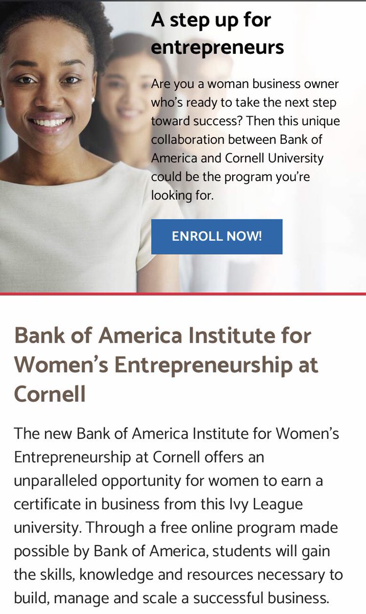 JunaeBrown's tweet photo. .@Cornell & @BankofAmerica are offering a FREE 6 class course to help women entrepreneurs continue to grow.
Sign up here! https://t.co/87Nw3LoHjk https://t.co/kfJpzR0e5z
