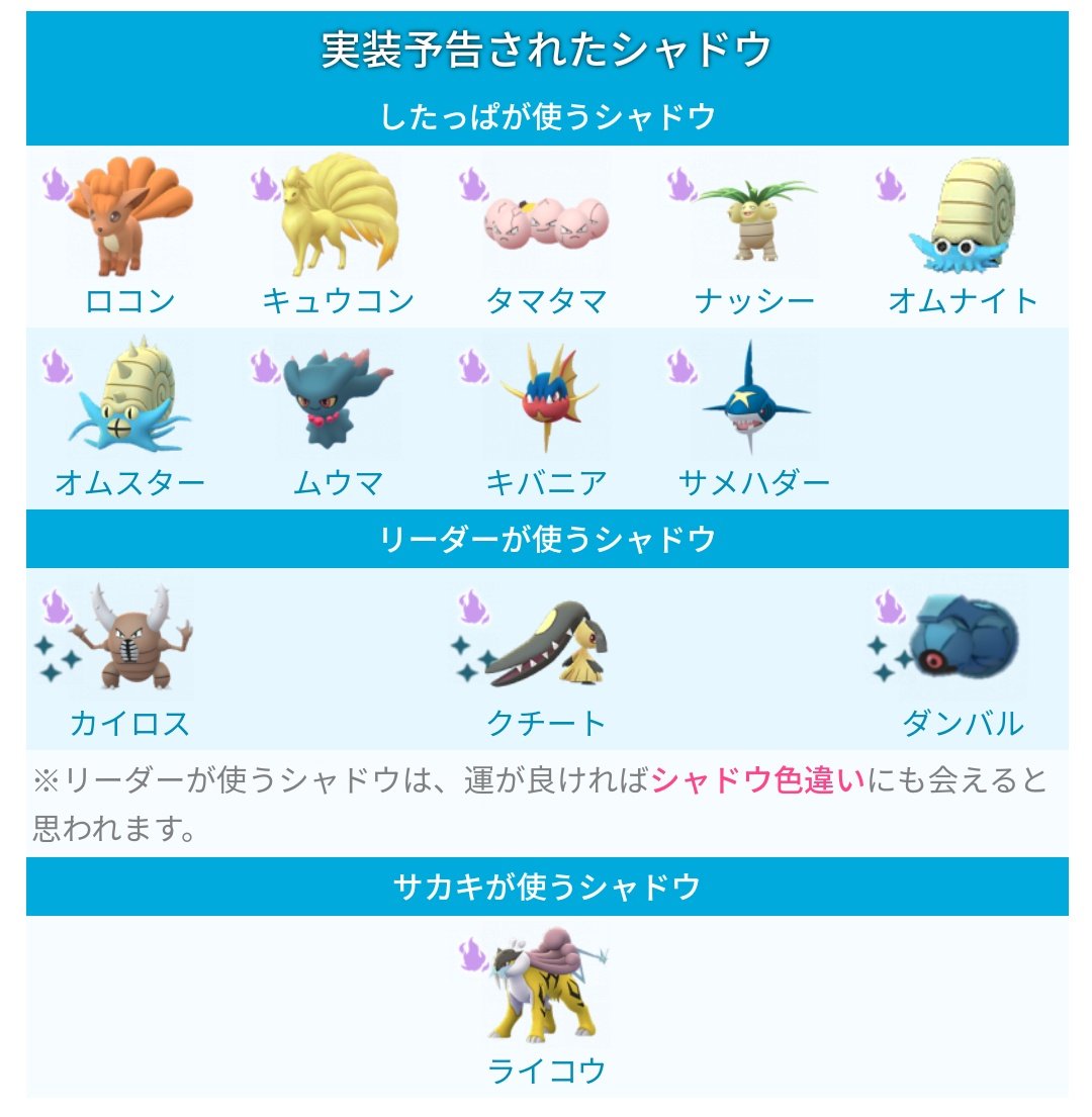 ポケモンgo攻略 みんポケ No Twitter 新シャドウ実装予告 ポケモン公式サイトで 以下のシャドウポケモンの実装が発表されています ライコウ以外はまだ発見報告はありません アップデート0 165 0 1まとめ T Co Aoei9sxwan ポケモンgo T ポケモンgo攻略 みんポケ No Twitter 新シャドウ実装予告 ポケモン公式サイトで 以下のシャドウポケモンの実装が発表されています ライコウ以外はまだ発見報告はありません アップデート0 165 0 1まとめ T Co Aoei9sxwan ポケモンgo T