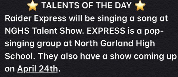 RaiderBeta's tweet photo. 4️⃣ DAYS UNTIL THE TALENT SHOW!!! 😈🙌🤩😳🤪 
@NGHS_Raiders https://t.co/Unush2MbHf