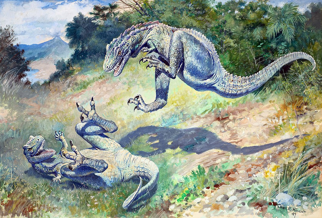 Charles R. Knight's "Leaping Laelaps" shows two playful dinosaurs, then known as Laelaps and now called Dryptosaurus