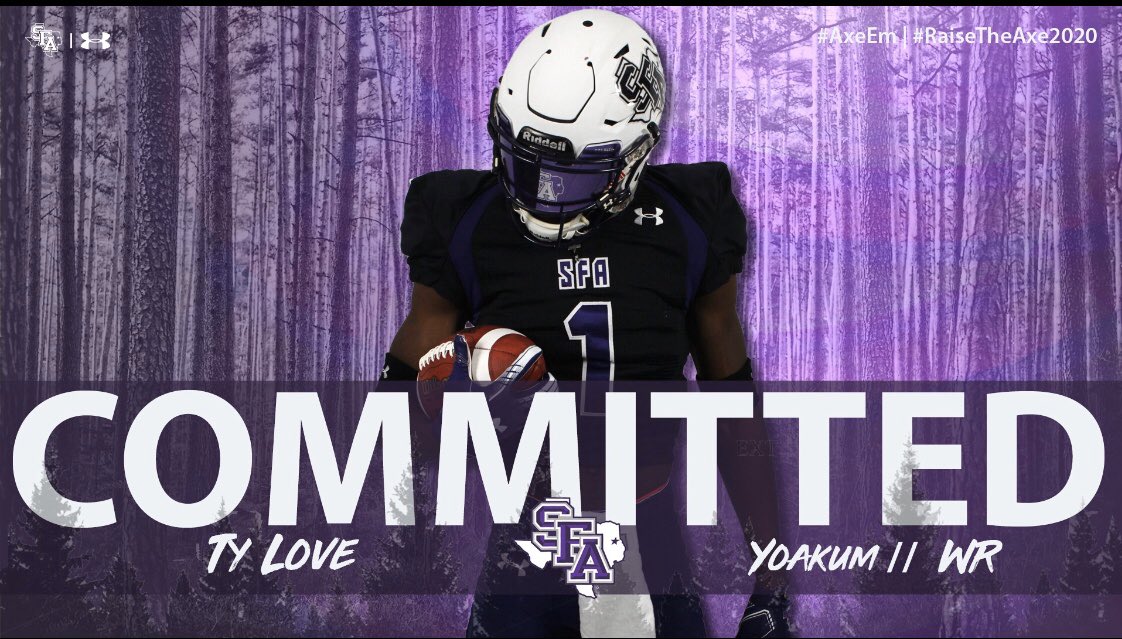 ty_love25's tweet photo. First off I want to thank God for giving me the opportunity to play sports at the next level, next I want to thank  all my family, friends, everyone who has helped me throughout my life, and all of my coaches ... big thank you #AxemJacks @SFAFOOTBALLTEAM @HankTime85 #Committed https://t.co/MRBtMvy9QX