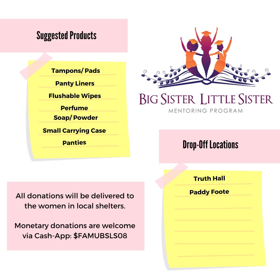 BSLSFAMU's tweet photo. WE MATTER PERIOD is an initiative to help solve the issue of, the lack of feminine care products for homeless women in our local community. All items will be donated to the women in local shelters

Cash app donations:
$FAMUBSLS08 
For: We Matter Period https://t.co/WJV7rD9U3R