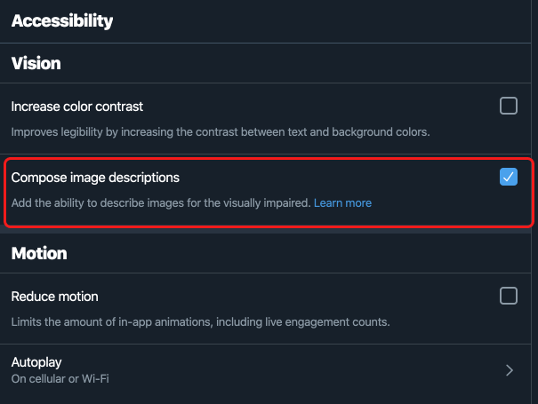 Screenshot of twitter accessibility settings showing location of option to enable alt text
