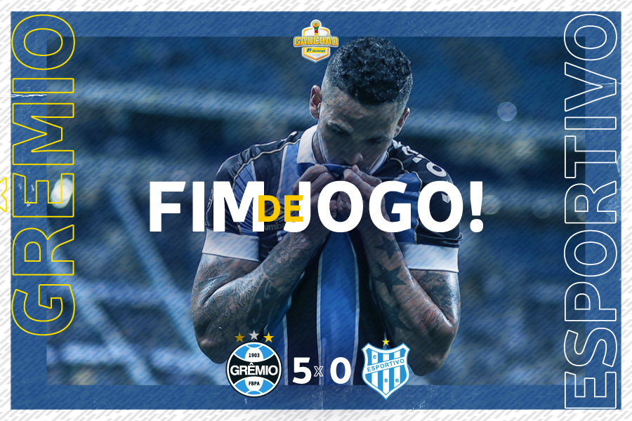 Gremio's tweet photo. Fim de jogo: #Grêmio 🖐️x 0 Esportivo
🗓️Nosso próximo compromisso é no domingo, contra o Aimoré, pela quinta rodada do #Gauchão2020.
🇪🇪💪🏼⚽  #GRExESP #Gauchão2020 #VamosTricolor https://t.co/lNoWbstai9