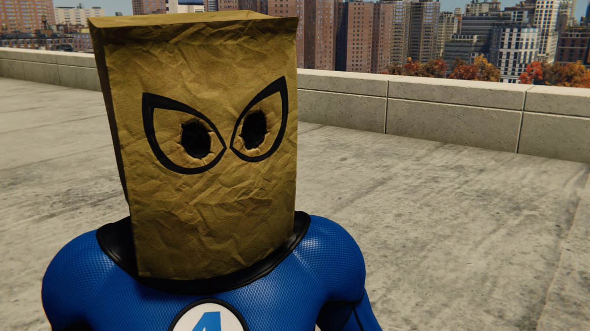◦ Bombastic Bag-Man Suit ◦⌁ suit power: none⌁ the name makes me laugh EVERY TIME⌁ the fantastic 4 let peter use one of their suits after he ditched the venom suit in the comics⌁ the bag was from johnny, are we surprised⌁ hey, the bag keeps his identity safe at least
