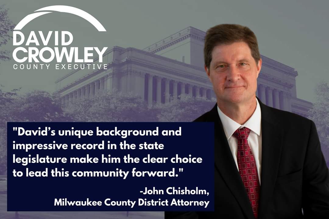 Proud to endorse my friend @DavidCCrowley for County Exec. We can trust David to be a firm leader in Milwaukee County's fight against violent crime and reckless driving, and to advance bold innovations that make our criminal justice system fairer and more proportional.