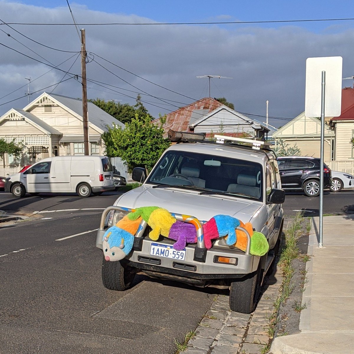 A white SUV parked on the side of the road has a long (car width long) and colourful fuzzy snake wrapped around the bull bar attached to its front.