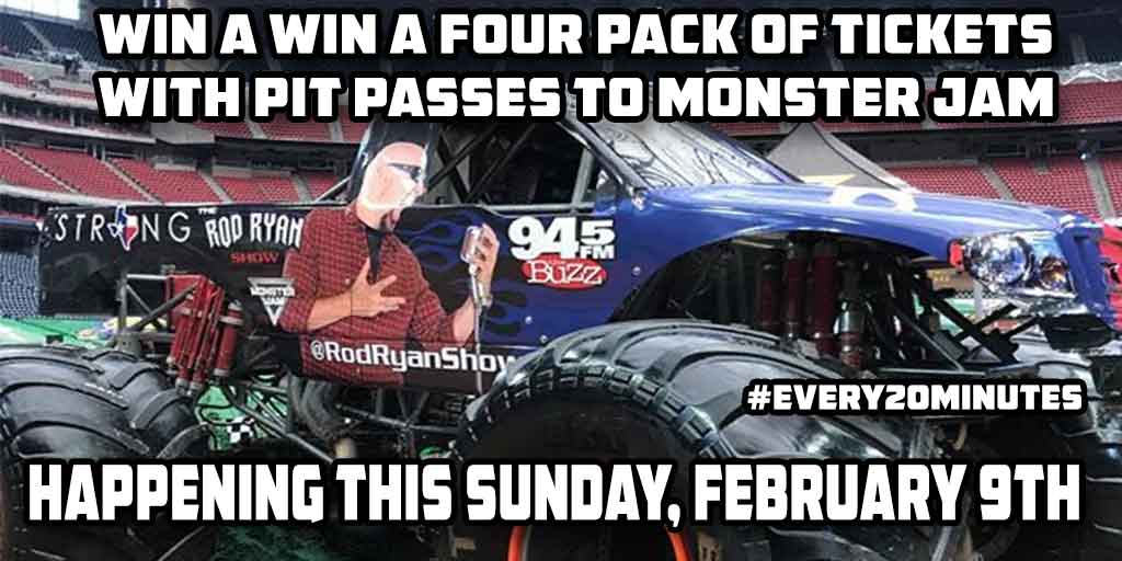 rodryanshow's tweet photo. We still have a couple more four-pack of tickets with pit passes to this Sunday's @monsterjam show with #every20minutes. For your chance to win, you must like this tweet and retweet it to your timeline using #monsterjam and #945thebuzz. The winner will be selected at 9:40 am. https://t.co/13MsK9nMIl