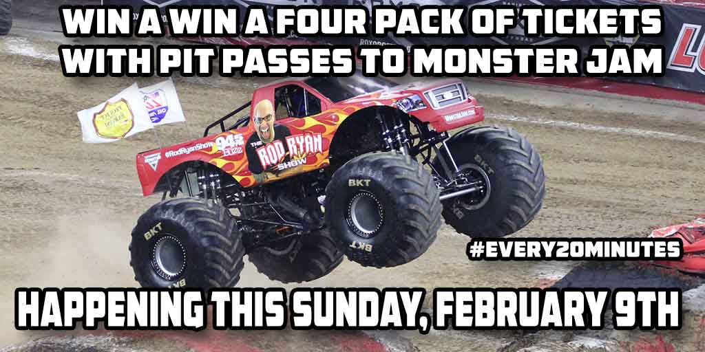 rodryanshow's tweet photo. Here is the last four-pack of tickets with pit passes to this Sunday's @monsterjam show with #every20minutes. For your chance to win, you must like this tweet and retweet it to your timeline using #monsterjam and #rodryanshow. The winner will be selected at 10:00 am. https://t.co/ENfVXNexKP