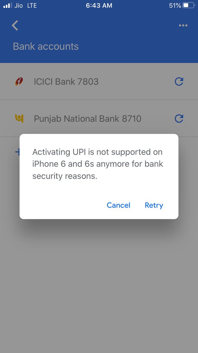 Arvind0331's tweet photo. @ICICIBank I am facing difficulty registering UPI id on my iPhone 6S. I am getting error message that reads" Activating UPI is not supported on iPhone 6 and 6s anymore for bank security reasons". Why this happening even if I installed latest ios. https://t.co/9xTF60blCJ