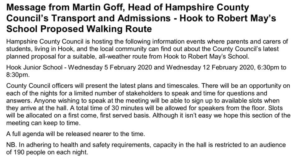 hookschoolbus's tweet photo. Hook to Robert Mays School bus service. Please come along to the meetings on 5 &amp; 12 February. 
Once the walking route is in place, @hantsconnect will remove free school bus transport for those children living within 3 miles of RMS https://t.co/mGYKtbpi4G