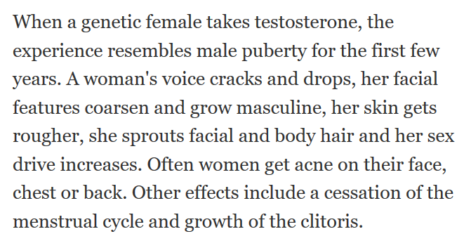 Journalist Julie briefly exits the realm of soulful butterflies and love inhabited by men who let their true selves emerge to become women, to now discuss the acne-filled realities of "genetic females taking testosterone", and suddenly we're in a totally different genre.