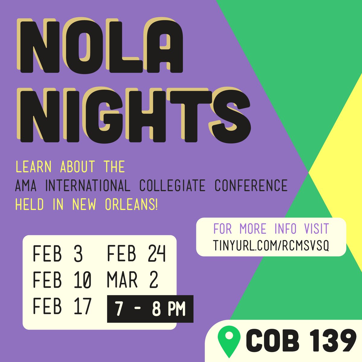 Not only is the first AMA meeting today at 6:10 p.m. in COB 140, but we also have NOLA Nights happening afterward in COB 139! Come learn all about the AMA Conference in NOLA! The 2020 AMA ICC is the best place to network, practice your marketing skills, and enjoy Bourbon Street!
