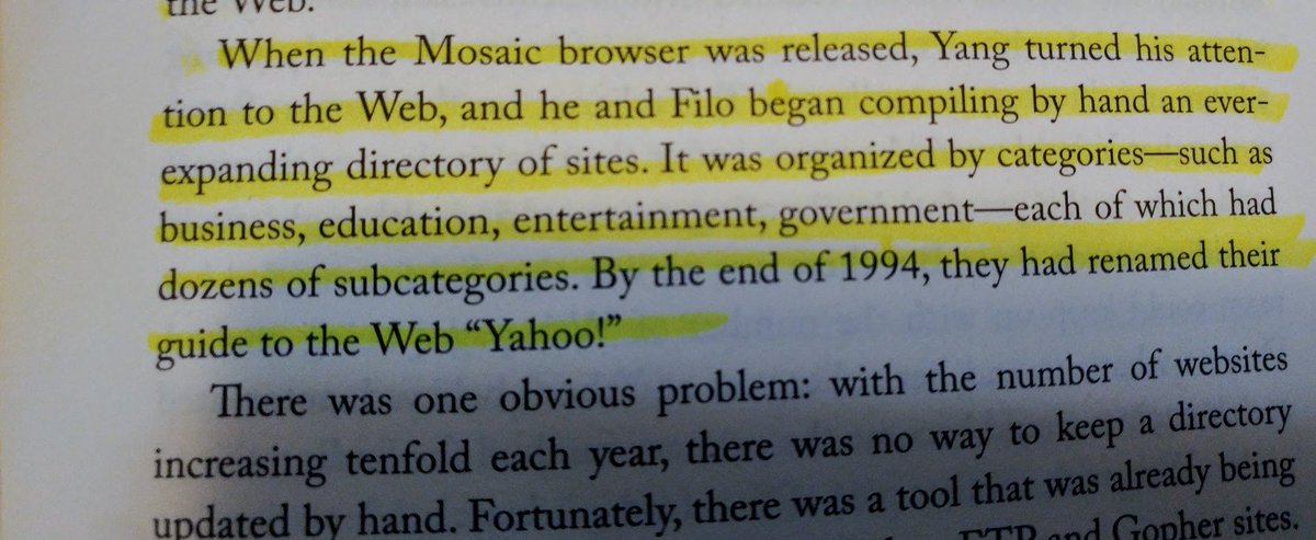 2/ In 1995, the newly dubbed world wide web was exploding, w/ more than 100K web pages by the end of year. But there was no easy way to find something on the web or sort these pages.One early solution was to painstakingly index each and every page, like the Yahoo folks did.