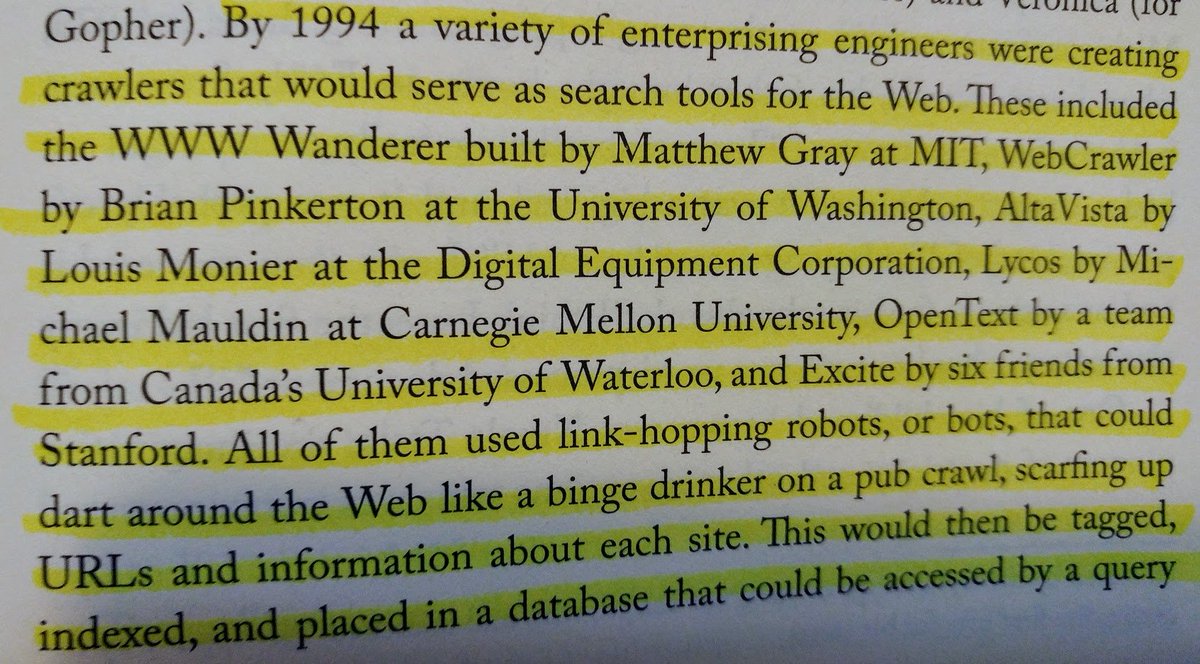 3/ Yahoo thought users wanted to explore the web, so they carefully curated stories and indexed pages, not seeing future in search.This could be b/c early search engines were so bad. Early search engine bots (e.g. Lycos, Excite) randomly scoured the web indexing as they went.