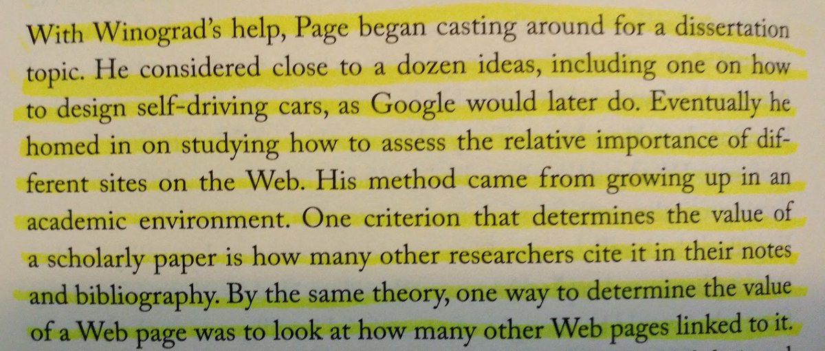 8/ Page was searching for a dissertation topic and finally centered on ranking web pages similar to how academic papers were valued.The more an academic paper was cited, the higher it was valued.Similarly, Page figured, the more a web page was linked the higher its value.