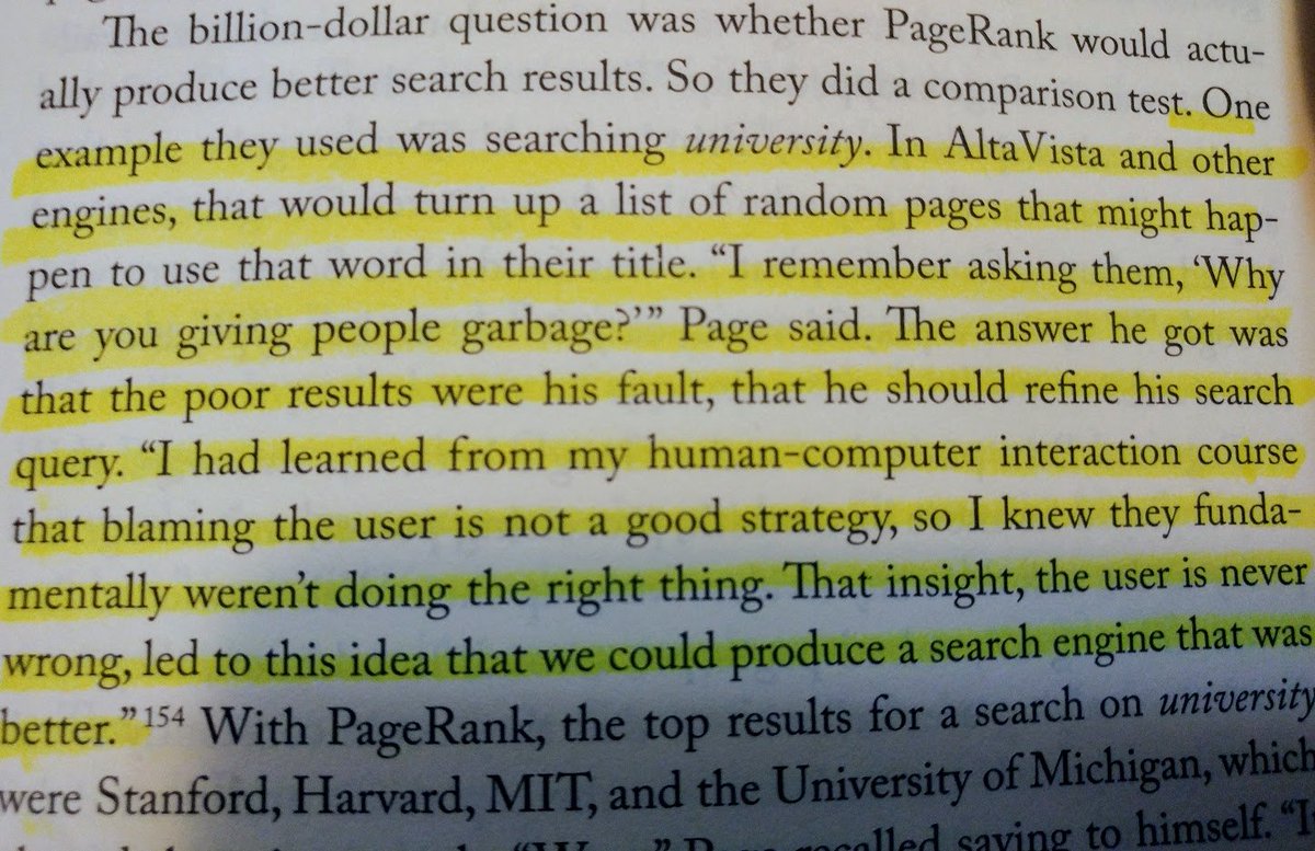12/ Again, Page's background with user interfaces proved invaluable. He knew user was right and deserved answers they were looking for without having to fix their queries.The project, now dubbed PageRank, continued to introduce more factors into its algorithms, making it better