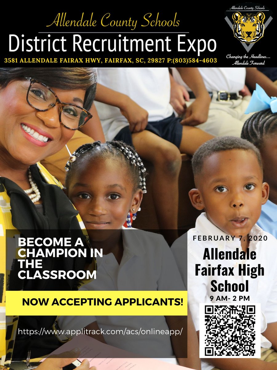 Demeturia1's tweet photo. Interested in teaching? Allendale County Schools will be holding a District Recruitment Expo. Please see the flyers for more details. https://t.co/ImL7yTokjp