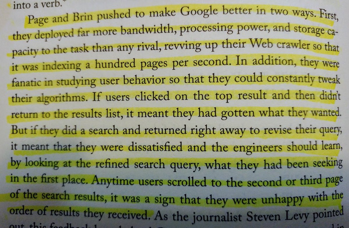 13/ Page and Brin continued pushing. Google devoted more resources to processing, storage, and bandwidth to search. It also considered it a failure whenever users had to go to the second or third page of results after entering a search.