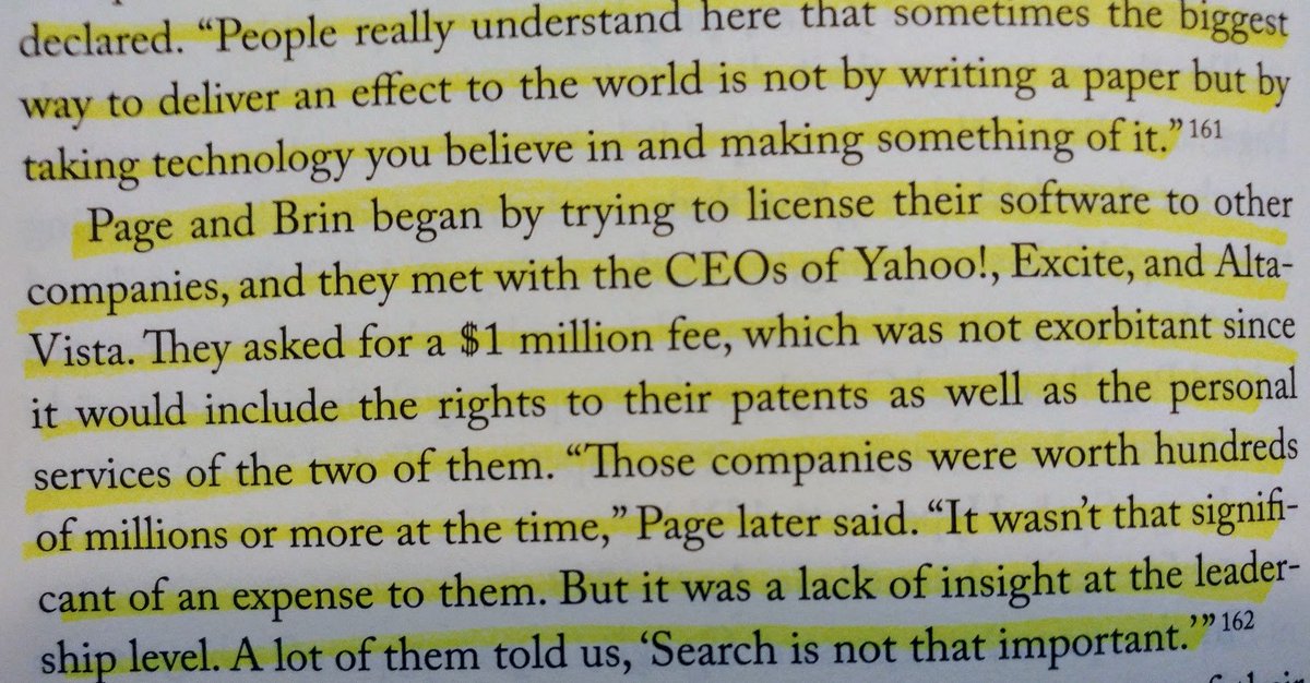 14/ Page and Brin knew they had found something big, but first tried to just sell it ... for just $1M!!! But Alta Vista, Excite, and Yahoo! all turned them down, again believing that search just wasn't that important.