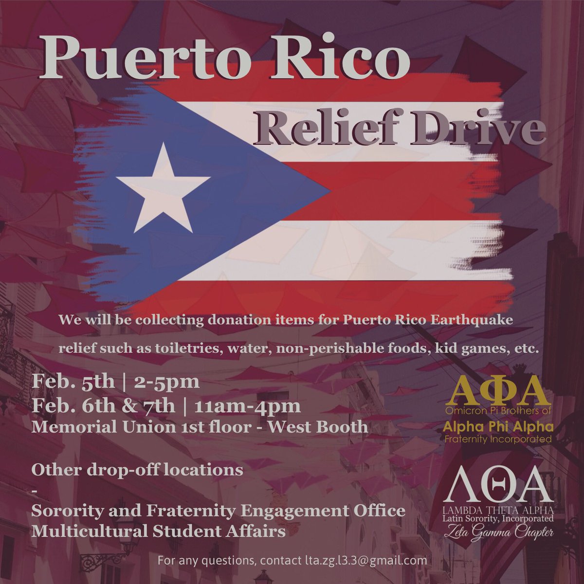 LTAZetaGamma's tweet photo. Help us support Puerto Rico by stopping by to our relief drive that we put together with Omicron Pi brothers of Alpha Phi Alpha Fraternity, Inc! Every donation will be highly appreciated. ❤️ #puertoricoearthquake #reliefdrive #makeadifference https://t.co/4wSldfA2t5