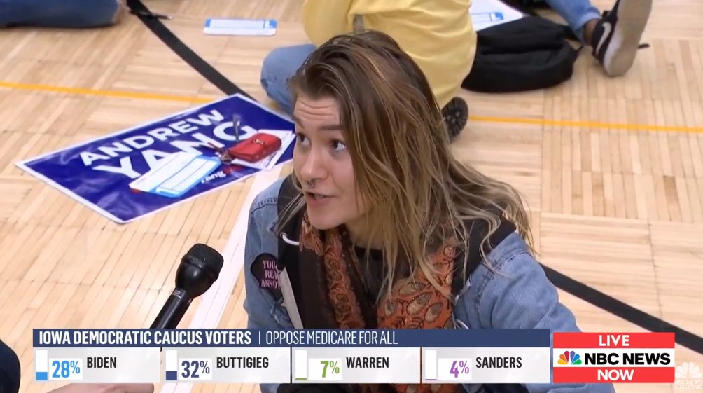 hey YangGangTwitter I need her @. I wanna Stan her. She gave the most genuine and intelligent answer as to why shes supporting Yang. Mind you the media is super bias against Yang so she used that time to make him look so good! #CaucusForYang #Yang2020 #IowaCaucus #AndrewYang2020