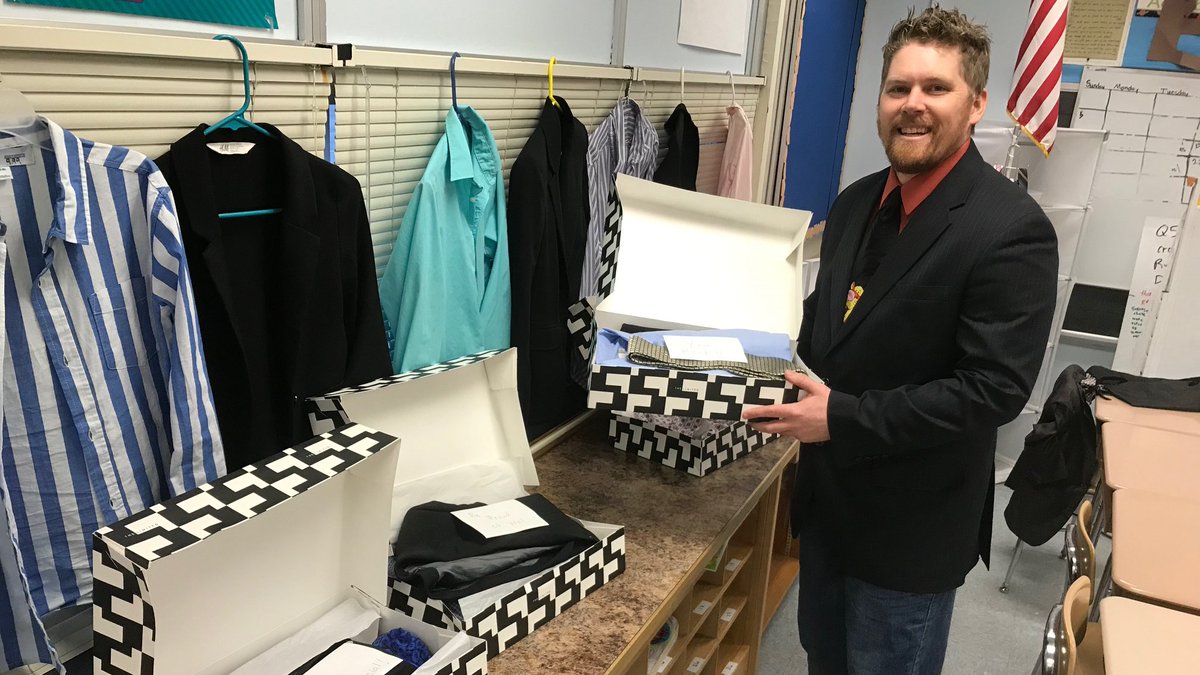 BoydHuppert's tweet photo. St. Cloud teacher Mike Mathiason holds some of the dress clothes sent after his class was featured in #land10kstories. Cash &amp; dozens of emails poured in to encourage the teacher who buys clothes so his 4th graders can dress for success. Update: KARE@10p https://t.co/PUAhDvAq0n https://t.co/tWQaYVLSGe