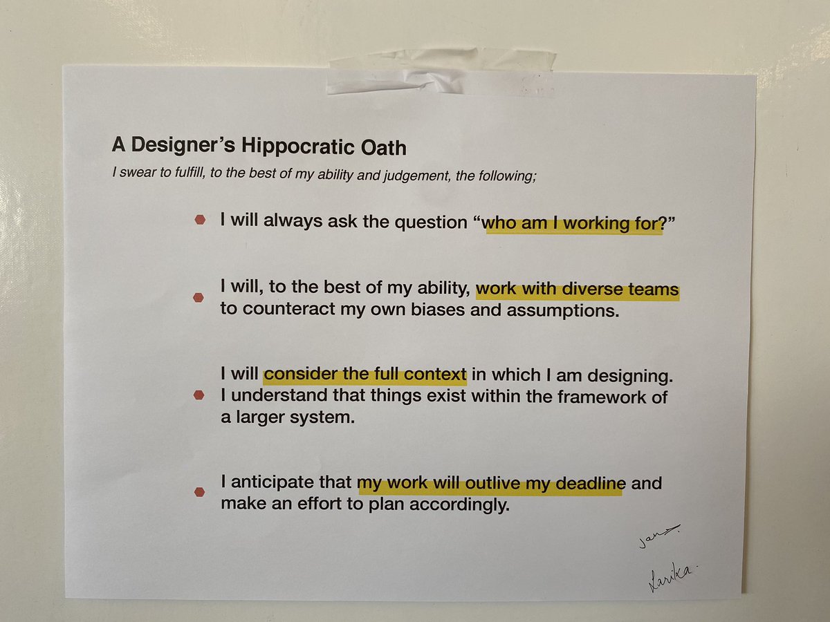 mbredouw's tweet image. Given how front and center design is these days, I am still shocked that there is no “code of conduct” or guide to ethical design principles. I had my students write the Designers “Hippocratic Oath” and am sort of in love with what they came up with!