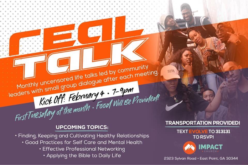 impactdcd's tweet photo. Join us tomorrow night as we kick off our first official Real Talk! Monthly talks will be led by community leaders covering a variety of subjects such as relationships, self care, mental health, application of biblical principles, and more. Come be a part of the conversation! https://t.co/wjuWiMqRH6