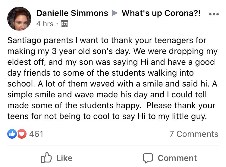 Keep it up <a href="/SantiagoSharks/">Santiago High School</a>! <a href="/houstonkraft/">Houston Kraft</a> said it best last week, what might be a small interaction for you might make a big impact on someone else. Way to make this guys day! #SHSBeaSHARK #cnusdiskind <a href="/CNUSD/">Corona-Norco USD</a> #keepkindnessgoing