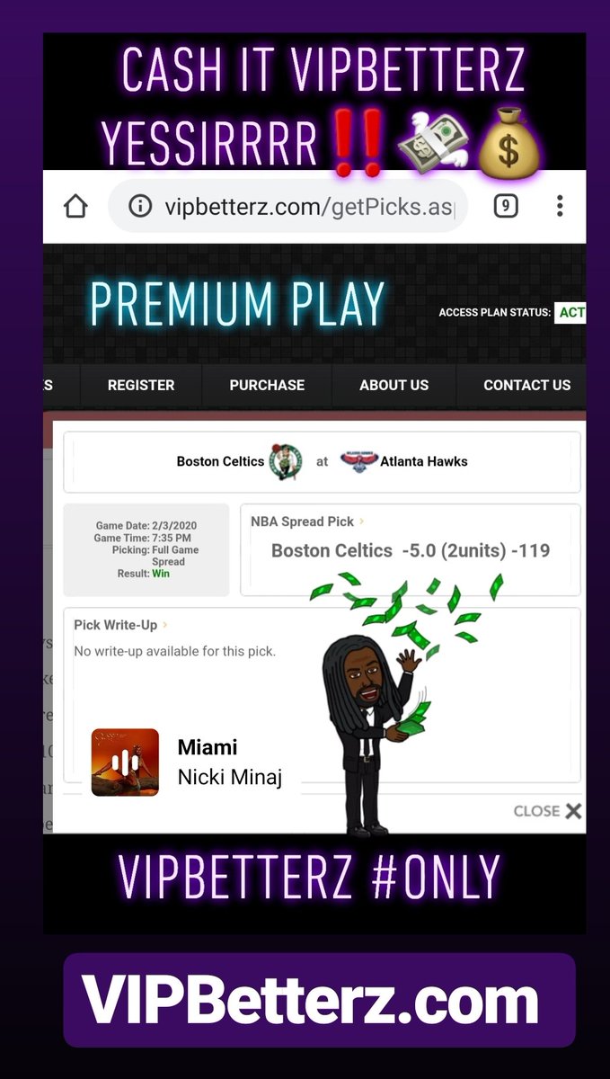 VegasBigMon's tweet photo. YESSIRRRR Boston Celtics cash it VIPBetterz✅‼‼💸💸💰💰
https://t.co/BakeYRVlJb
3days $29.99, you get my Premium and personal Play's. Come cash this Shhmoney with Us‼

#YESSIRRRR #VIPBetterzOnly #vipwin #bettingtips #bettingexpert
#handicapper #sportbetting #gamble #TeamVIP https://t.co/h7QHhaus1O