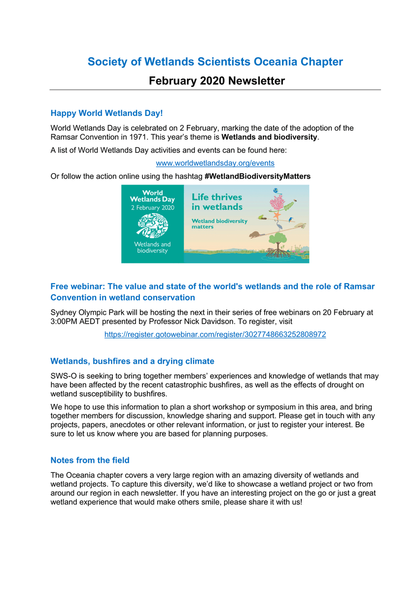 AusFreshwater's tweet photo. Here is the latest edition of the Society of Wetlands Scientists (Oceania Chapter) newsletter. Thanks to those who shared their interest during #AFSS2019! https://t.co/mROQzv9wAk