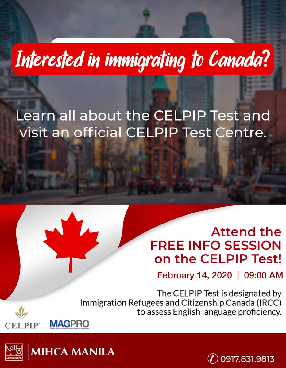 MagProTraining's tweet photo. Interested in immigrating to Canada?

Attend this FREE Info Session and learn more about the CELPIP Test!

- Learn about CELPIP key features and format, and scoring
- Know how you can prepare for the test
- Get useful study and test-taking tips
- Be familiar with the testing area https://t.co/T3i0F8IERg