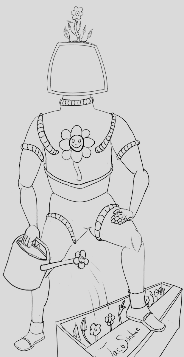 A square-headed person in a stylized space suit watering flowers. A smiling flower on their chest and some plants on their head.