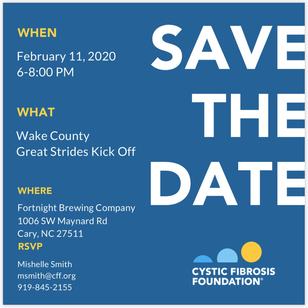 CFF_Carolinas's tweet photo. 🎉Wake County Great Strides🎉Grab your teamMATEs and join us for a night of networking, team building and more.Hear a update from our CF Ambassador and our 2020 Great Strides Wake Country Chair. *Light refreshments will be served. 
Please RSVP to Mishelle Smith at msmith@cff.org https://t.co/WNY1yCQkJX