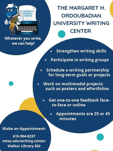 mtsuenglish's tweet photo. Remember that you never walk alone. You can get all kinds of help with your writing needs at @mtsuuwc (LIB 362). For more information call (615) 904-8237 or email uwcenter@mtsu.edu.
#MTSUWriting #MTSUEnglish #MTSU20 #MTSU21 #MTSU22 #MTSU23 #BluePrint #TrueBlueMTSU https://t.co/iBeVxizNgd
