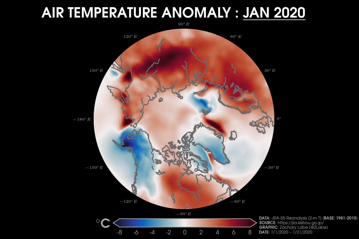 Polar stereographic map of 2-m air temperature anomalies for January 2020