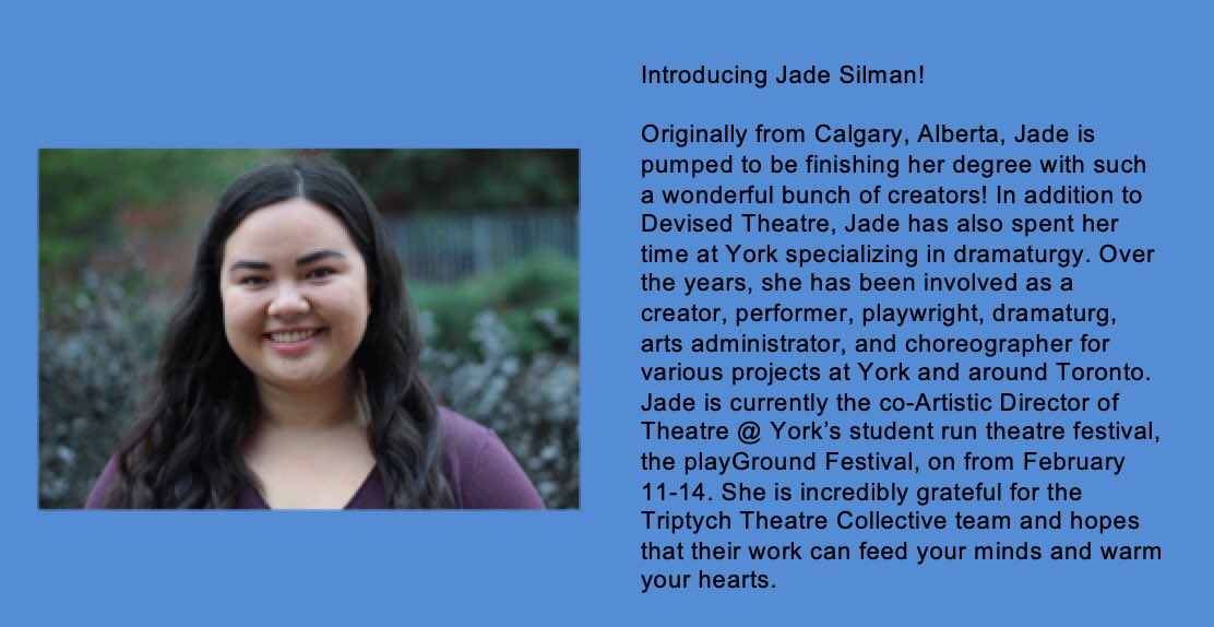 DTFestival's tweet photo. Happy Monday Everyone!!! Back for another #MeetTheCompanyMonday! Today we are introducing a performer/dramaturg who weara many hats, here is the wonder Jade Silman from Triptych Theatre Collective! ✨✨ https://t.co/dMICvh6RsO