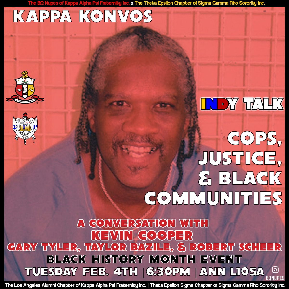 BQ_Nupes1947's tweet photo. To kickoff Black History Month, we have a special opportunity to have a conversation about cops, justice, and black communities with Kevin Cooper and Gary Tyler. The event in part of our Kappa Konvos series and will take place tomorrow Feb. 4th  in New Annenberg (ANN L105A)! https://t.co/6vtzvjgMde