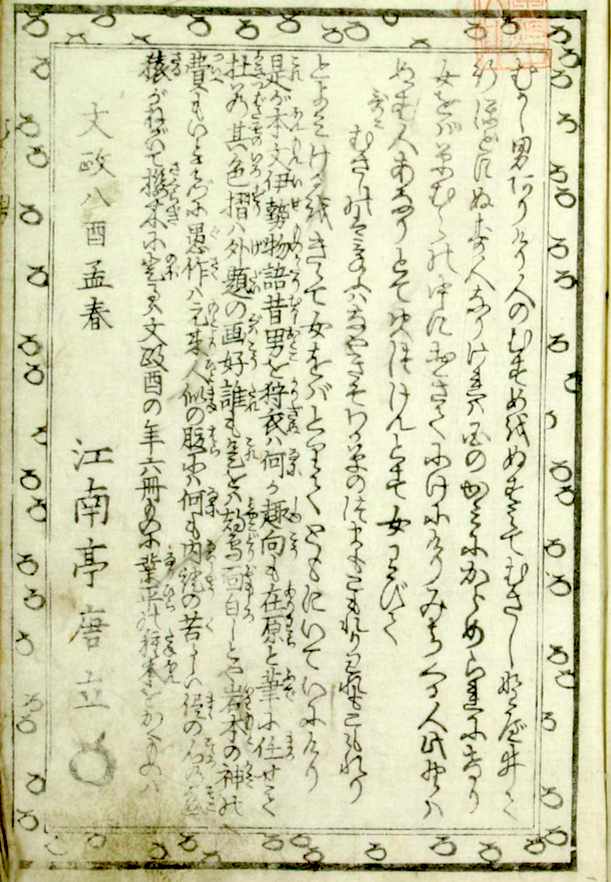 Preface of Mukashi Otoko, showing border with sign motif