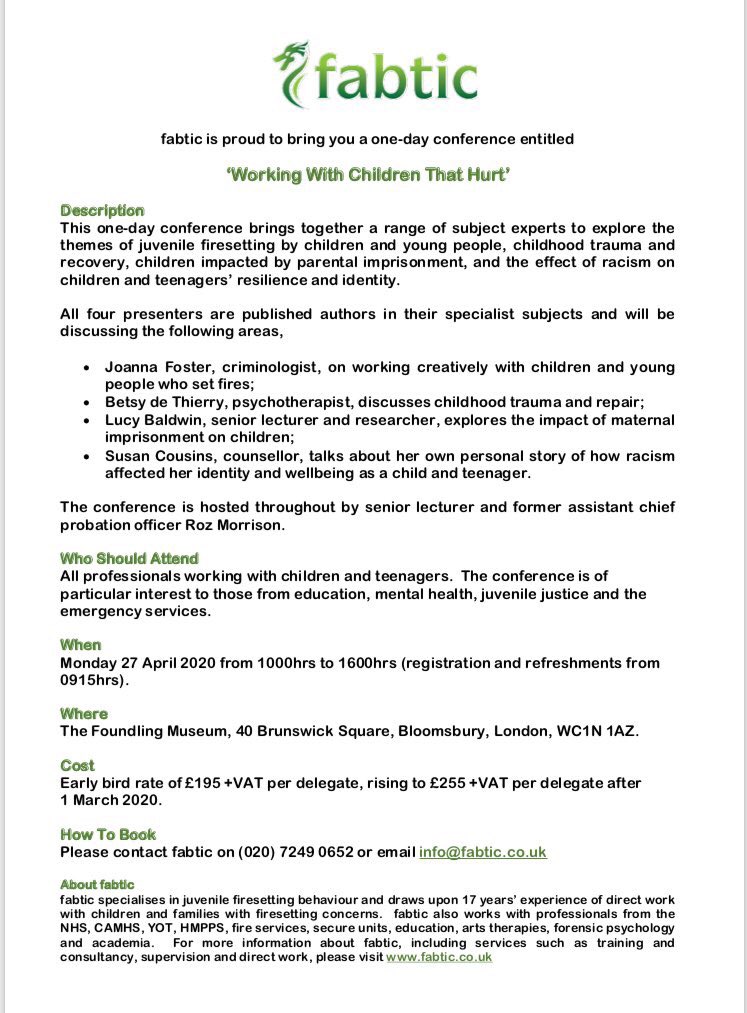 Flyer for ‘Working with Children that Hurt’ conference. More information available at info@fabtic.co.uk