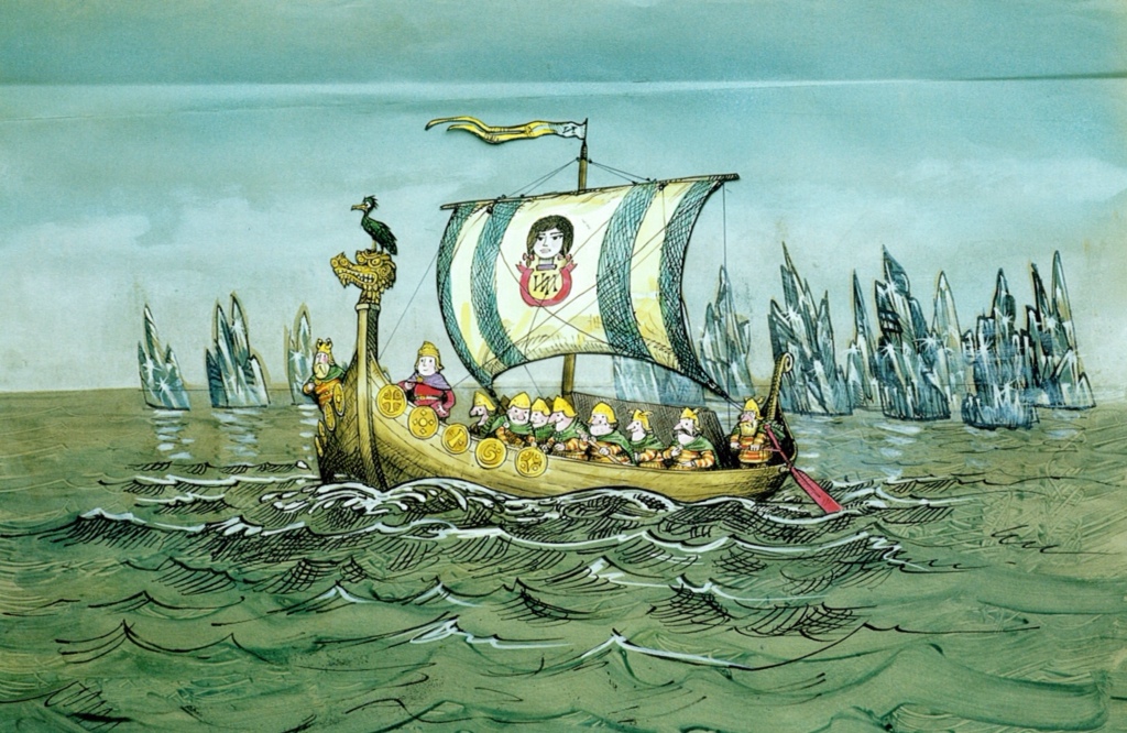A longboat and Noggin the King is at the bow along with his gallant crew. The sea is green and ripples and the sky is pale blue - a fine day set for adventure.