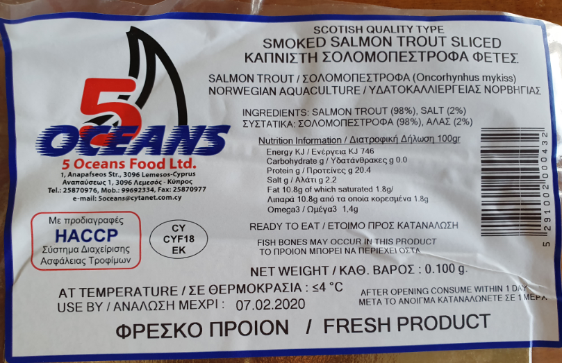 Recall of smoked salmon trout - 5 oceans brand