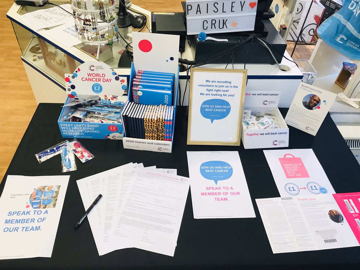 CRUKPaisley's tweet photo. The day is HERE! World Cancer day💕Paisley team are waiting for you, we have cakes and a welcome volunteers. Pop at the shop grab a bargain, get you Unit Band sign up as a volunteer and ✅! @CRUKScotland @PaisleyFirst @WhatsOnRen @WhatsOnGlasgow #WDC #unitband #shopsavelives https://t.co/GCetD9Aa9k