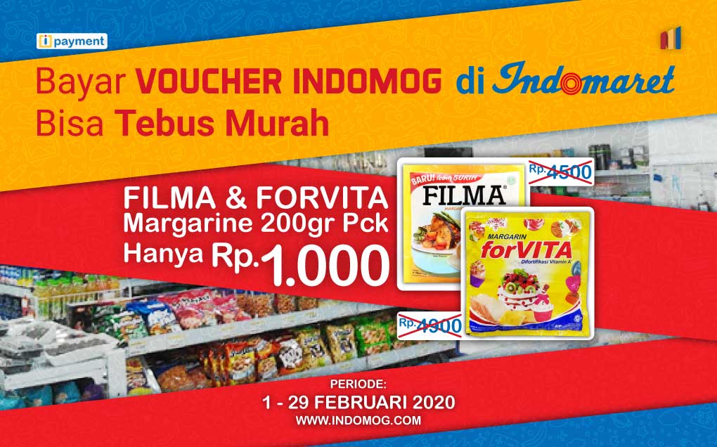 Dengan bayar voucher INDOMOG di Indomaret, kalian bisa tebus murah FILMA &amp; ForVITA Margarine 200gr dengan harga RP. 1000 ?? yuk cek langsung di bit.ly/Indomaret-MOG