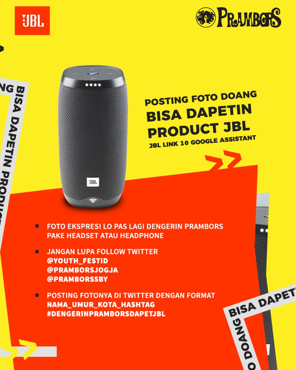pramborsmedan's tweet photo. JBL GRATIS! JBL GRATIS!
@Prambors &amp; @JBLindonesia mau bagi-bagi JBL LINK 10 GOOGLE ASSISTANT GRATIS!!
—
Kapan lagi cuma posting foto bisa dapet produk JBL?? Mau? Mau? Buruan posting!! #DengerinPramborsDapetJBL https://t.co/kp7xPHs55r