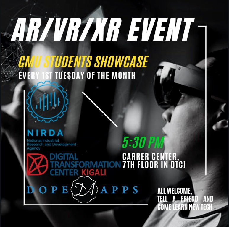 Are you interested in AR/VR or XR? 
Are you a developer?
This year we are starting with <a href="/cmu_africa/">Carnegie Mellon University Africa</a> student sharing , from today &amp;every first tuesday of the month ,#girls in ICT I want to see you doing things as your brothers join us,<a href="/RwandaIndustry/">NIRDA | Rwanda</a> thank you for believing in us