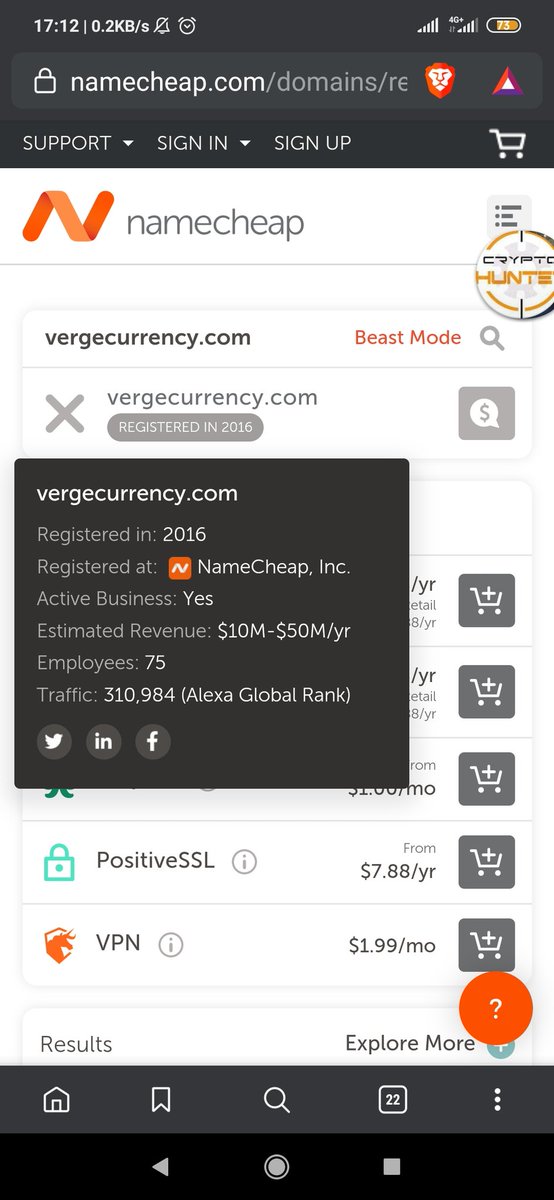 khLandesr19's tweet image. #domainFact

vergecurrency.com was registered in NameCheap, Inc in 2016 and now has $10M-$50M revenue per year.