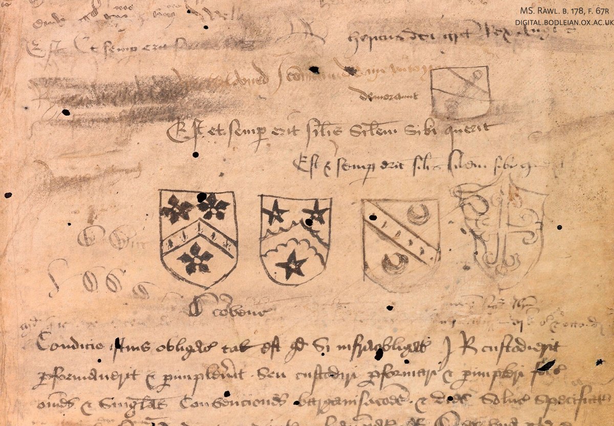 Text and drawings of coats of arms in a medieval manuscript.